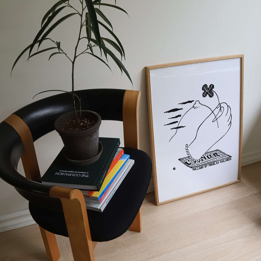 Volcano by Mikuláš Galanda – minimalist black line drawing of a woman's hand holding a flower, mountain and clouds illustration