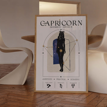 Capricorn zodiac wall art print featuring a celestial woman with a constellation overlay, cosmic elements, and Capricorn symbols. Neutral-toned, unframed astrology print.