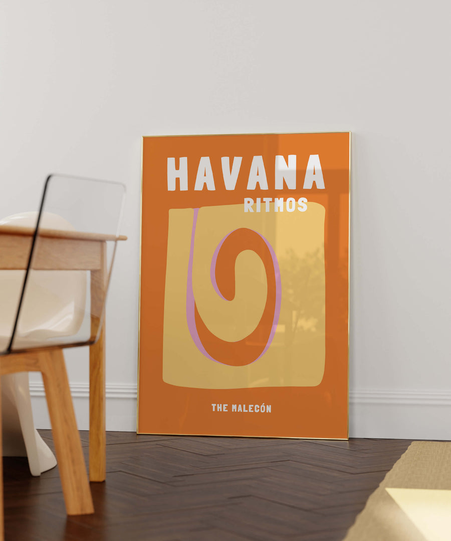 Havana, Cuba travel print featuring vibrant vintage-inspired art of classic cars and colorful streets. Perfect for wanderlust and retro decor in Australia.