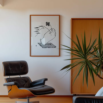 Volcano by Mikuláš Galanda – minimalist black line drawing of a woman's hand holding a flower, mountain and clouds illustration