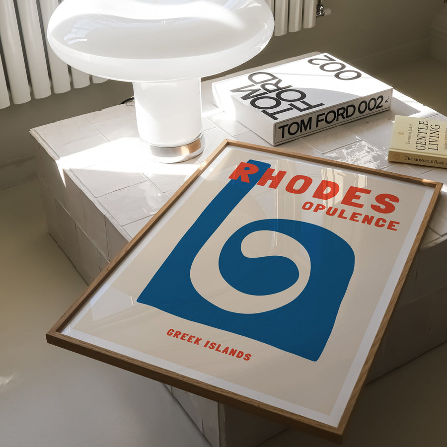 Rhodes Greece travel print inspired by Assouline coffee table books, ideal for Mediterranean or modern coastal interiors. Captures the timeless beauty of Rhodes.
