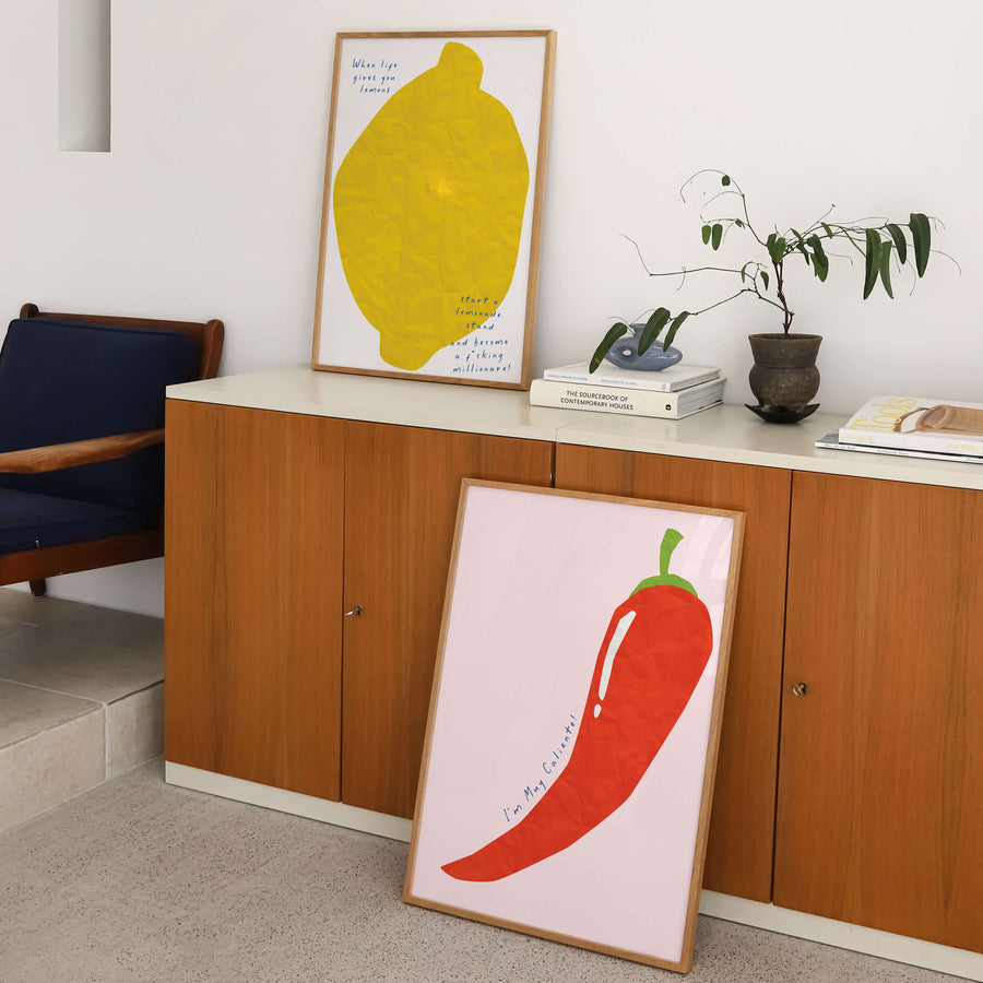 Modern lemon & chili print bundle with bold colors and a playful quote, perfect for kitchen or dining decor. Get 2PrintsFor$100 that comes with Free Shipping 🚚💫 in Australia.