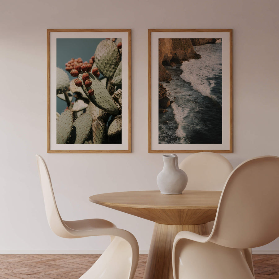 Ocean Cliff Waves Print – Moody coastal wall art with ocean waves crashing into rocky cliffs at golden hour. Get 2PrintsFor$100 that comes with Free Shipping 🚚💫 in Australia.