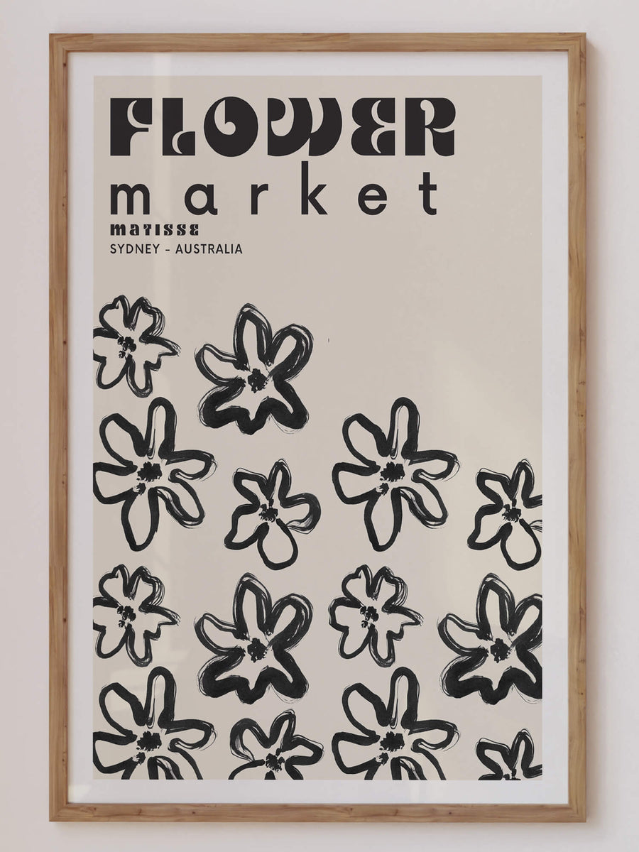 Matisse-inspired Flower Market Sydney print featuring bold black hand-drawn flowers on a neutral beige background. A modern and minimalist botanical wall art piece. Get 2PrintsFor$100 that comes with Free Shipping 🚚💫 in Australia.