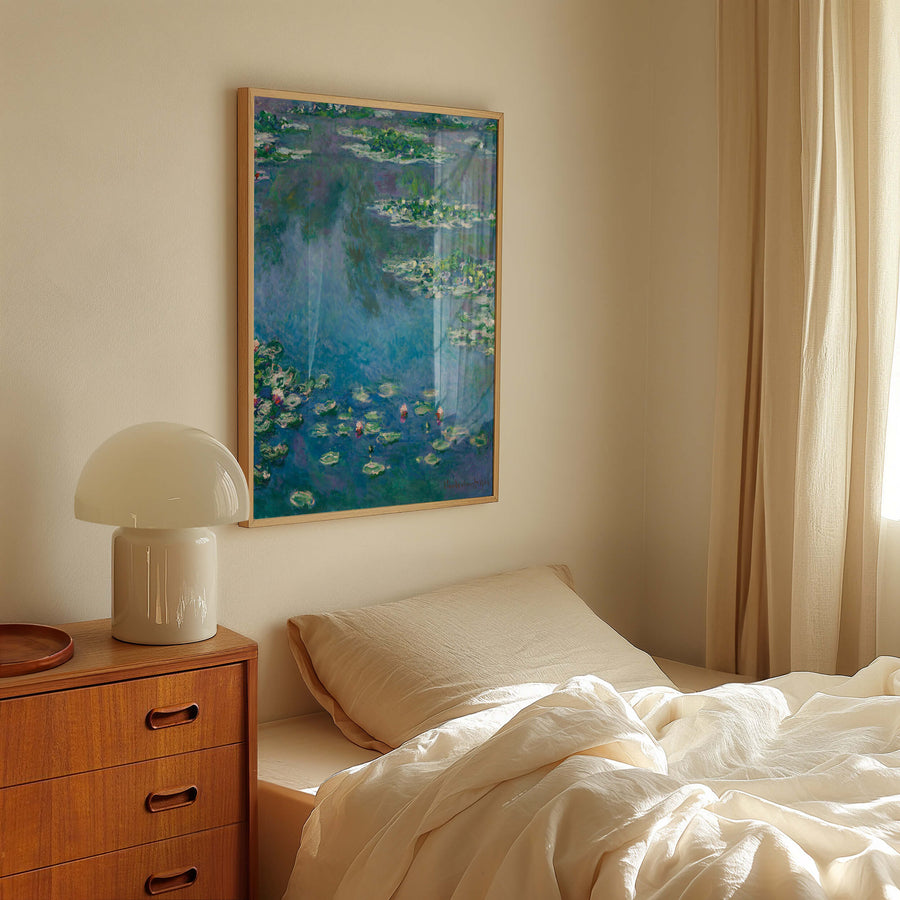 Water Lilies at Dusk painting by Claude Monet in soft blues and greens – dreamy landscape print on wall.