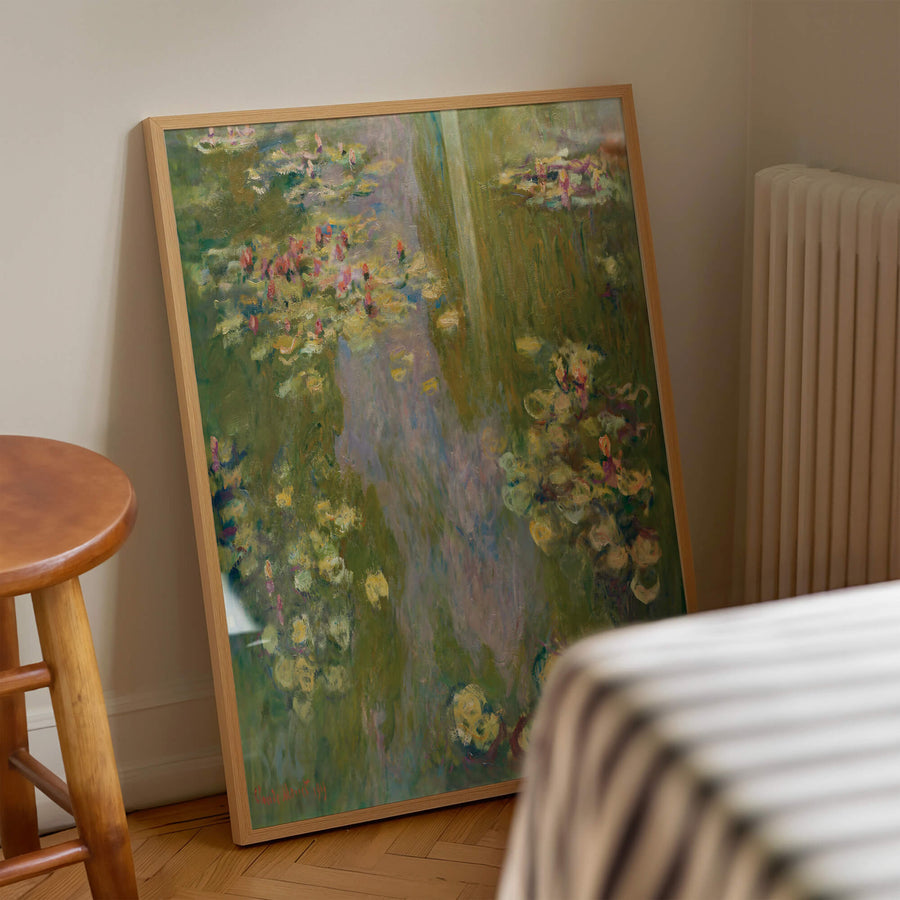 Monet’s blooming lily pond painting with green foliage and pink florals – vintage nature artwork print.