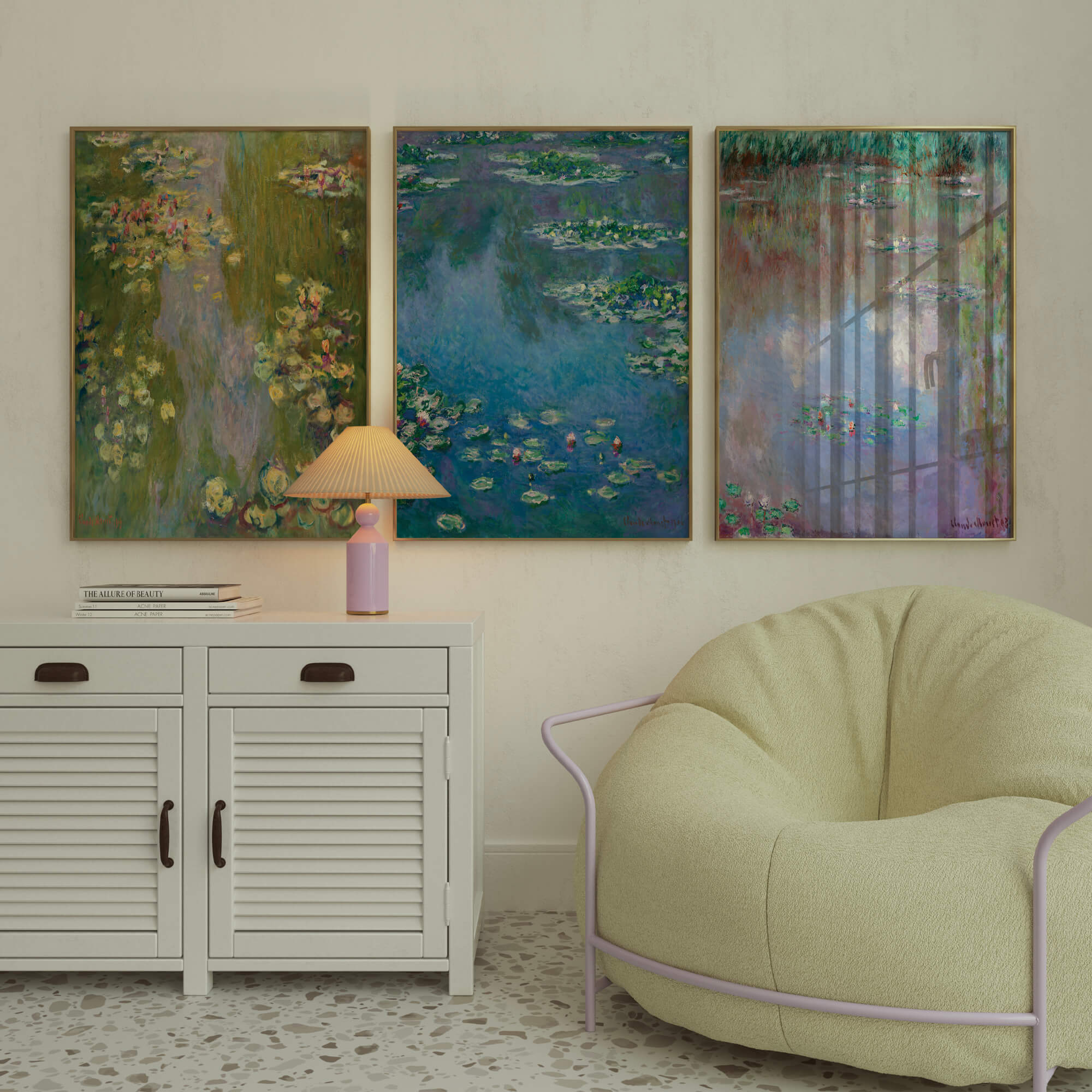 Bedroom scene with Claude Monet’s water lily trio prints framed above the bed – soft pastel wall art.