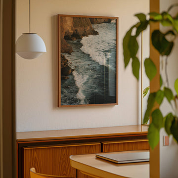 Ocean Cliff Waves Print – Moody coastal wall art with ocean waves crashing into rocky cliffs at golden hour. Get 2PrintsFor$100 that comes with Free Shipping 🚚💫 in Australia.