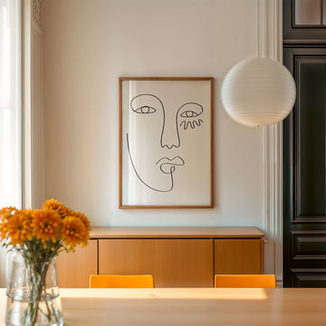 Abstract face line art print with expressive features and flowing minimalist lines. Modern neutral face artwork from EDGE Wall Art Australia.