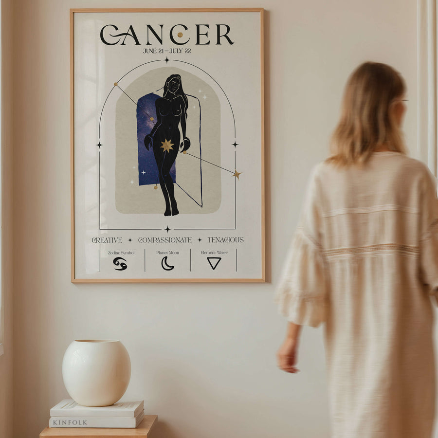 Cancer zodiac wall art print featuring a celestial woman with crab claws, star constellations, and moon elements in a mystical colour palette. Unframed astrology print for Cancer signs.
