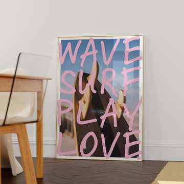 A stylish surf-inspired wall art print featuring bold pink typography over a wooden surfboard with a beach backdrop. Perfect for coastal, surf, and summer decor. Get 2PrintsFor$100 that comes with Free Shipping 🚚💫 in Australia.