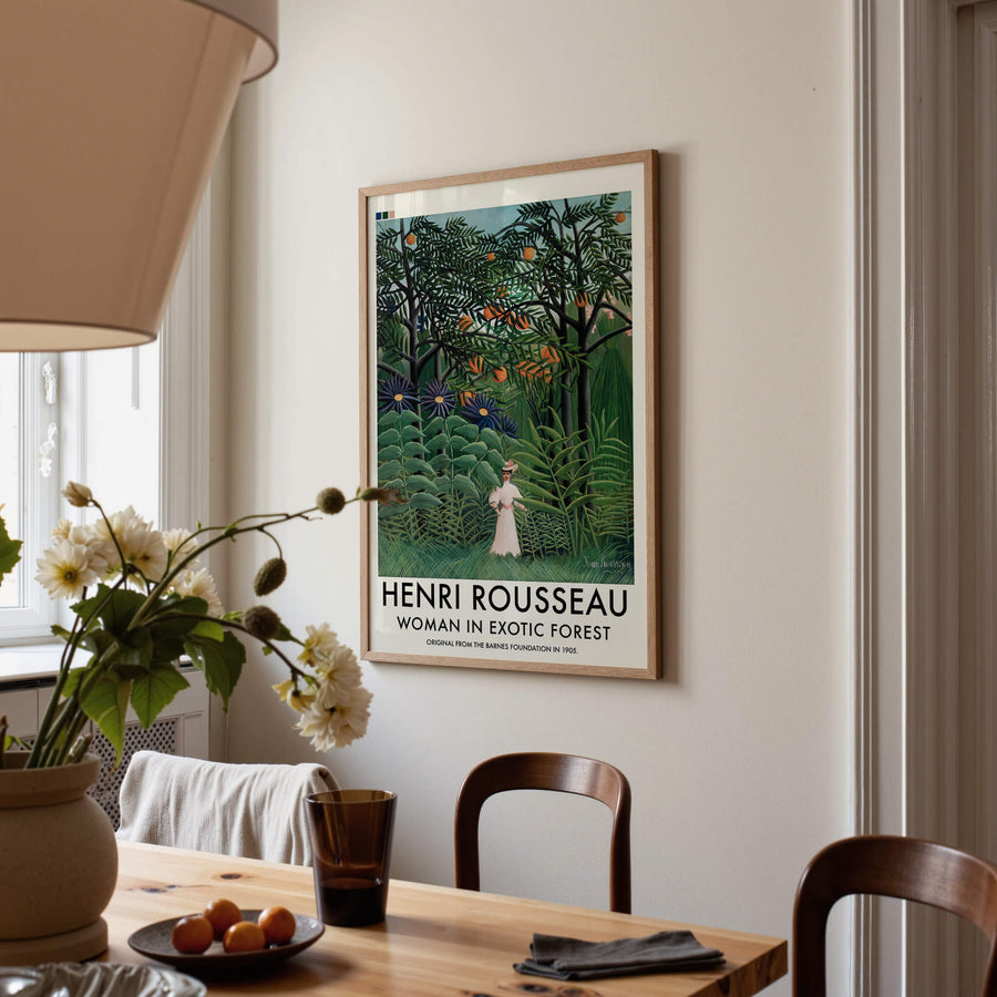 Woman in Exotic Forest by Henri Rousseau vintage wall art print featuring lush tropical greenery and a serene female figure. Get 2 Prints for $100 with Free Shipping 🚚💫 in Australia.