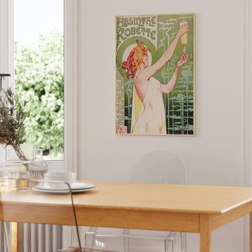 Art Nouveau Absinthe Robette print featuring a vintage-style absinthe glass with delicate floral details and green hues. Perfect wall art for vintage decor and absinthe lovers.