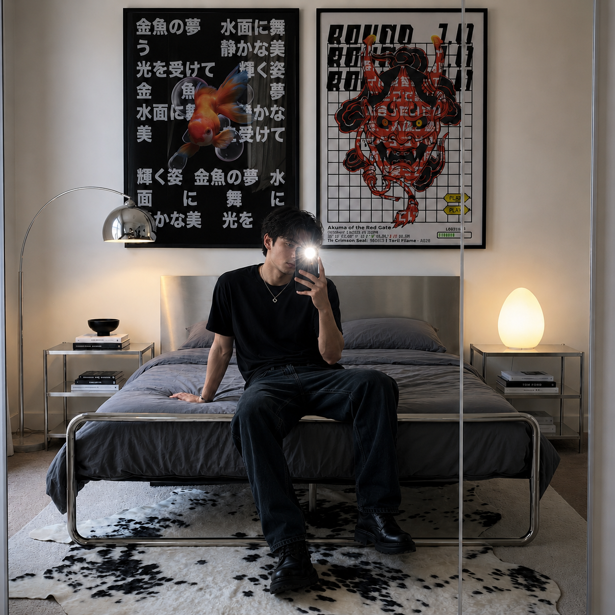 Person sitting on a bed in a room with posters on the wall