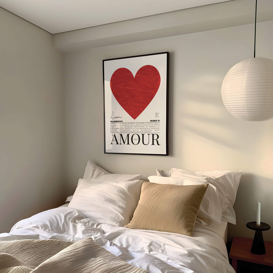 AMOUR L’ARTE minimalist red heart print, modern fashion wall art with a bold heart design, perfect for chic home decor and a Parisian-inspired aesthetic