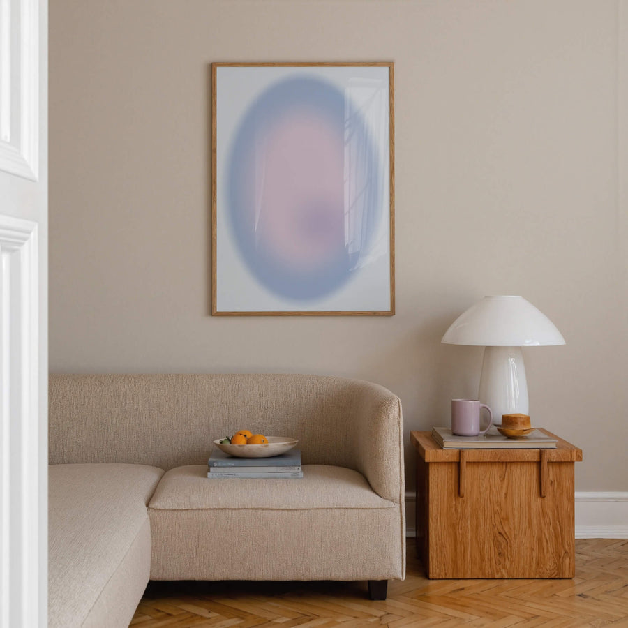 Aura Blue Wall Art Print featuring soft blue and lilac gradient tones. Dreamy minimal design for modern interiors. Get 2 Prints for $100 with Free Shipping 🚚💫 in Australia.