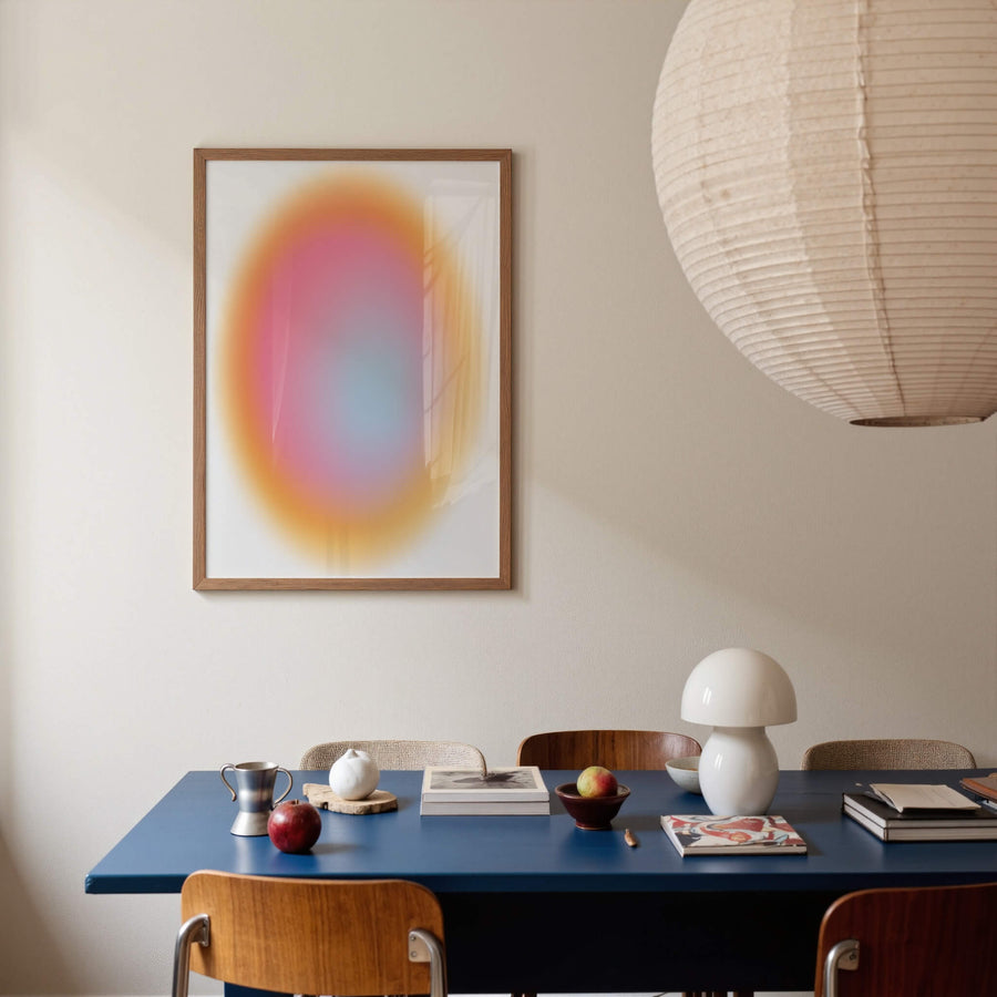 Aura Gradient Wall Art Print featuring pink, gold, and blue tones in a soft minimalist design. Dreamy aura-inspired wall decor. Get 2 Prints for $100 with Free Shipping 🚚💫 in Australia.