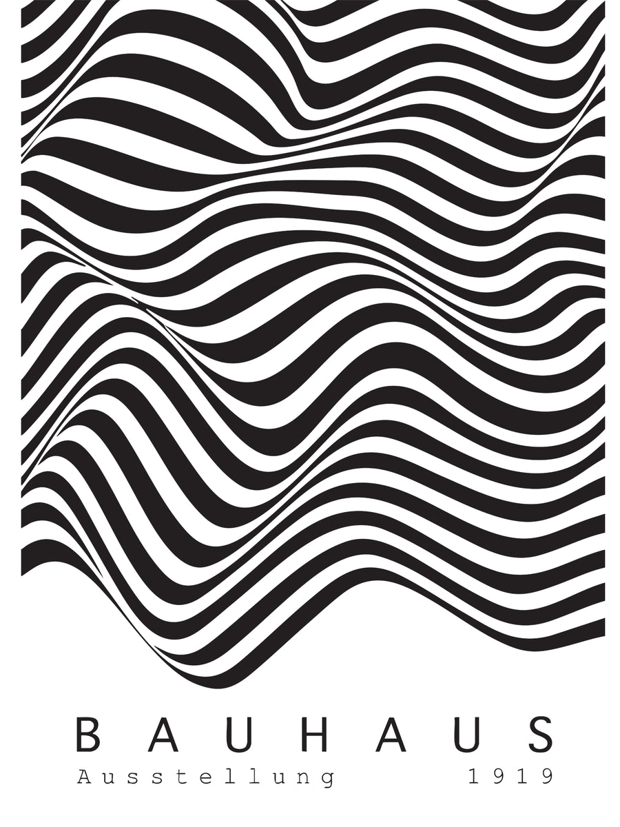 Bauhaus design with wavy lines and text 'Bauhaus Ausstellung 1919' on a black background