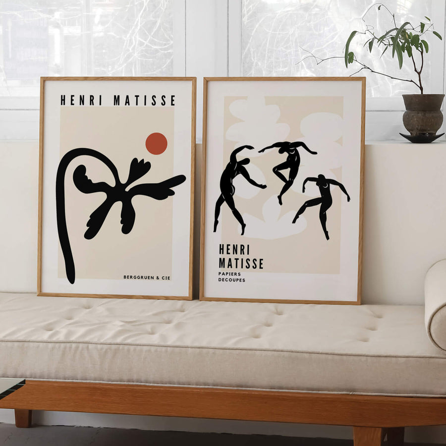 Matisse-inspired black and white abstract print featuring elegant dancing figures against a soft beige background. A minimalist and modern wall art piece. Get 2PrintsFor$100 that comes with Free Shipping 🚚💫 in Australia.
