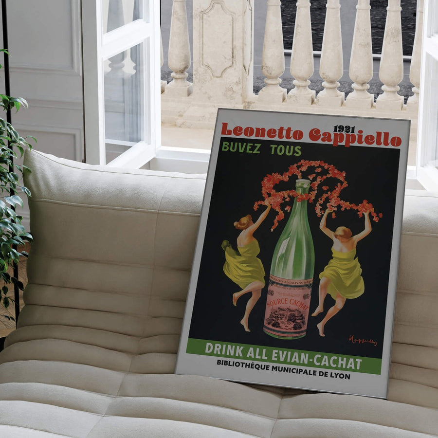 Evian Cachat print by Leonetto Cappiello in Art Nouveau style, featuring bold typography, vibrant green tones, and vintage advertising charm. Perfect for retro decor lovers.
