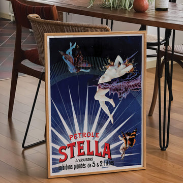 Art Nouveau Petrol Stella print featuring a vintage-style design with rich blue and gold hues, intricate floral details, and elegant curves. Perfect for vintage decor lovers.