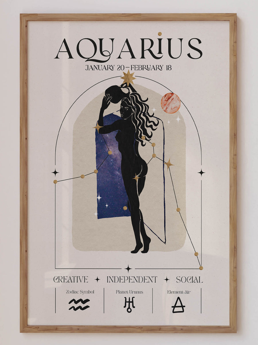 Aquarius zodiac wall art print featuring a celestial woman with constellation stars, planets, and zodiac symbols in neutral tones