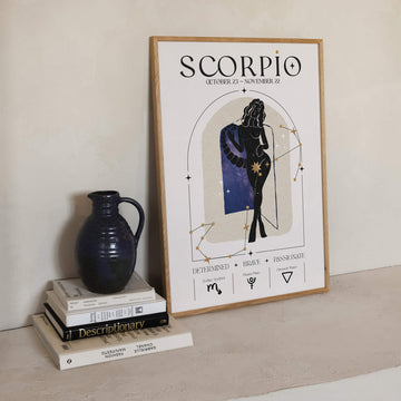 Scorpio zodiac wall art print with a mysterious celestial woman and scorpion tail silhouette under golden constellations – astrology decor by EDGE Wall Art Australia.