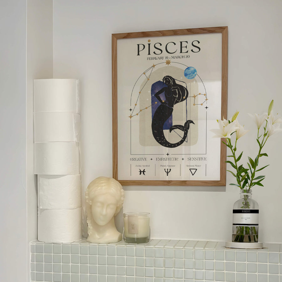 Pisces zodiac wall art print featuring a celestial mermaid figure surrounded by constellations, a dreamy Neptune planet, and star details. Soft, mystical unframed astrology print.