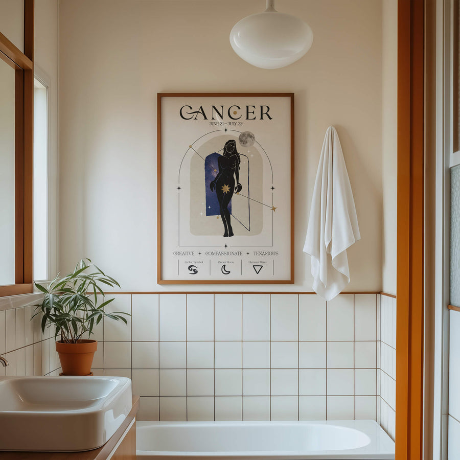 Cancer zodiac wall art print featuring a celestial woman with crab claws, star constellations, and moon elements in a mystical colour palette. Unframed astrology print for Cancer signs.


