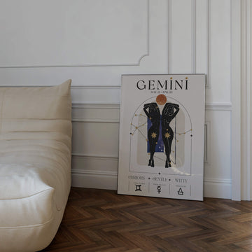 Gemini zodiac wall art print featuring celestial twin figures with constellation details, planetary elements, and symbolic icons in a modern cosmic design. Unframed astrology print.
