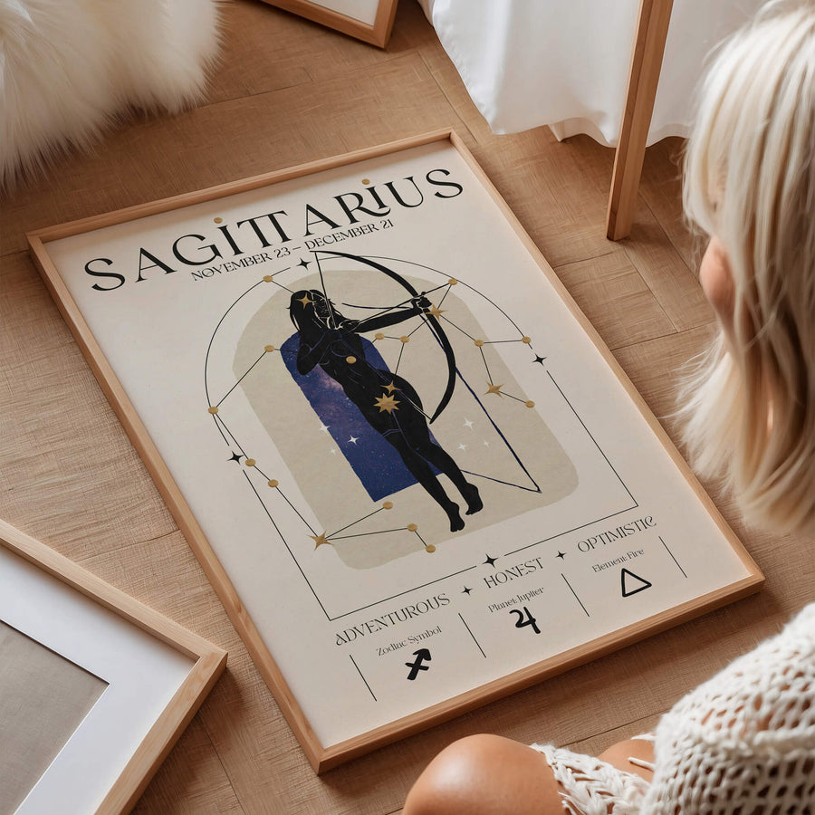 Sagittarius zodiac wall art print featuring a celestial archer woman, cosmic constellations, Jupiter planet, and golden fire sign symbolism. Unframed astrology artwork.