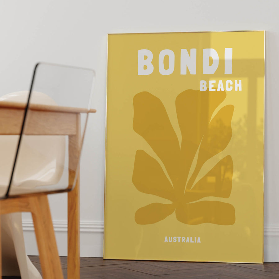Bondi Beach travel print with modern retro tones, showcasing Australia’s iconic coastline. Perfect for coastal, contemporary, or vintage-inspired interiors.