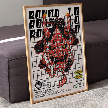 Bold and eye-catching Akuma 1.0 art print featuring a red Japanese oni demon mask set against a retro gaming grid layout with pixel details, flames, and stylized text. A perfect fusion of Japanese folklore, manga, and vaporwave nostalgia, ideal for modern interiors and anime lovers.