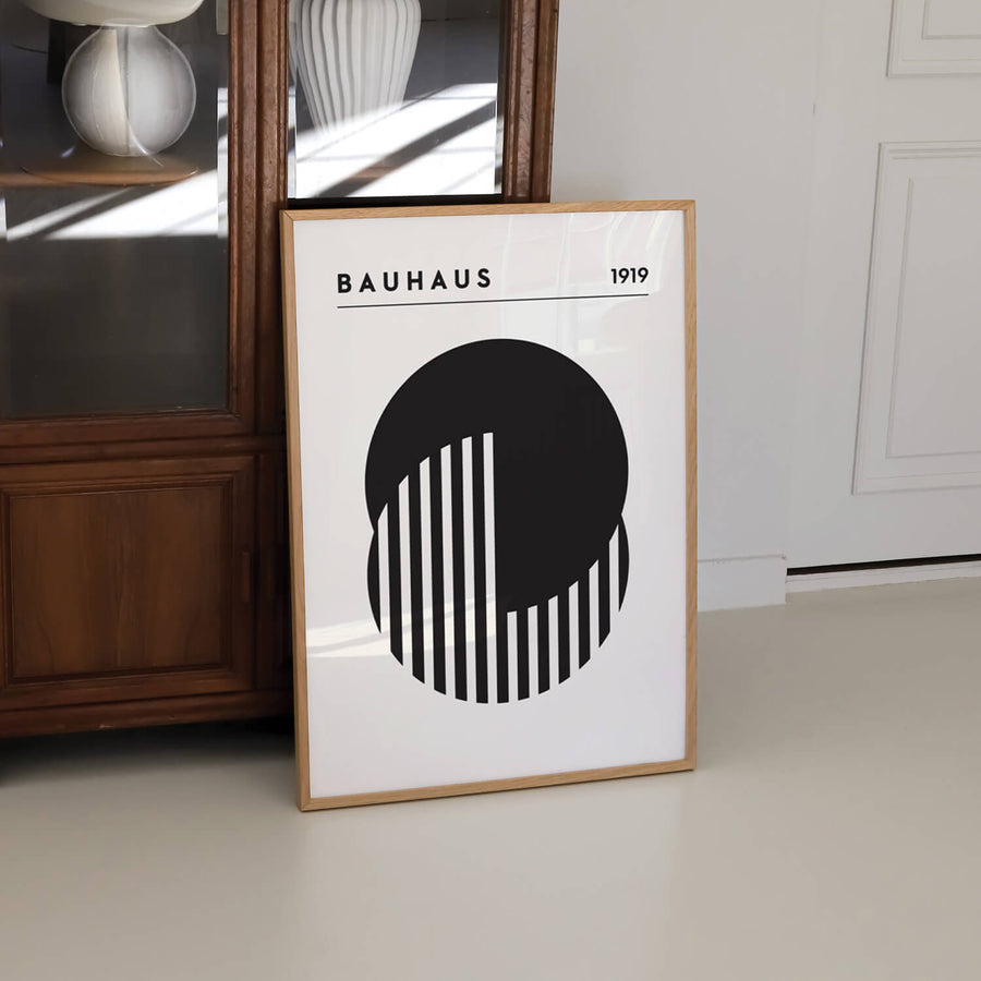 Minimalist Bauhaus-inspired art print featuring calming geometric shapes and a balanced design. Ideal for creating a serene atmosphere in modern home decor, blending artistic simplicity with contemporary elegance.
