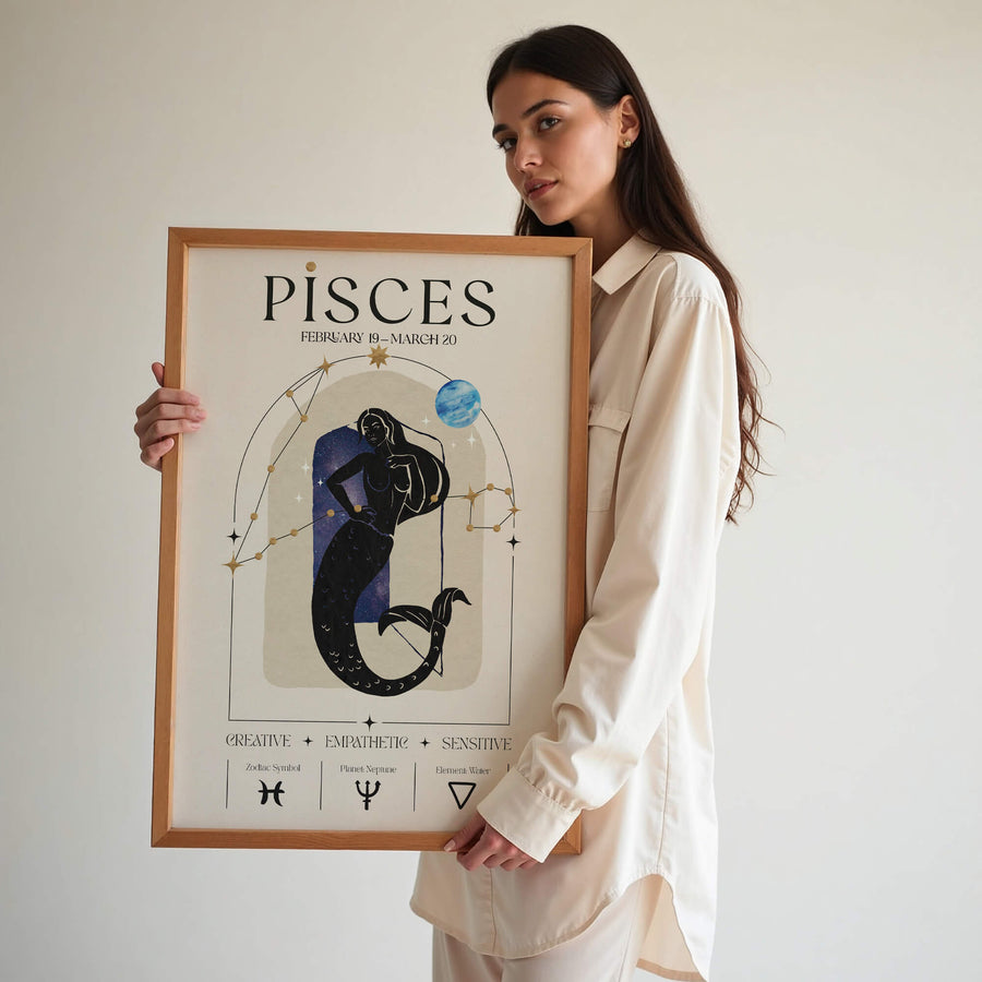 Pisces zodiac wall art print featuring a celestial mermaid figure surrounded by constellations, a dreamy Neptune planet, and star details. Soft, mystical unframed astrology print.
