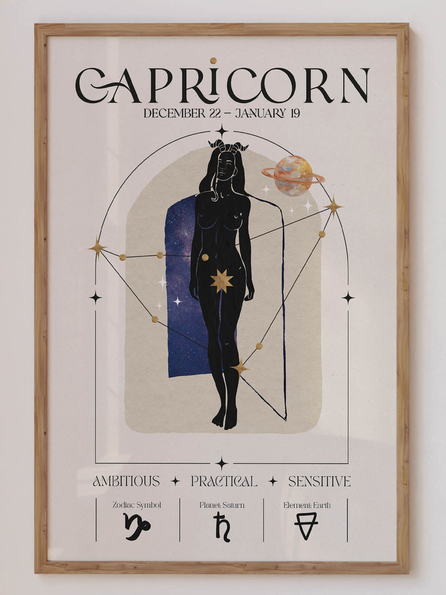 Capricorn zodiac wall art print featuring a celestial woman with a constellation overlay, cosmic elements, and Capricorn symbols. Neutral-toned, unframed astrology print.