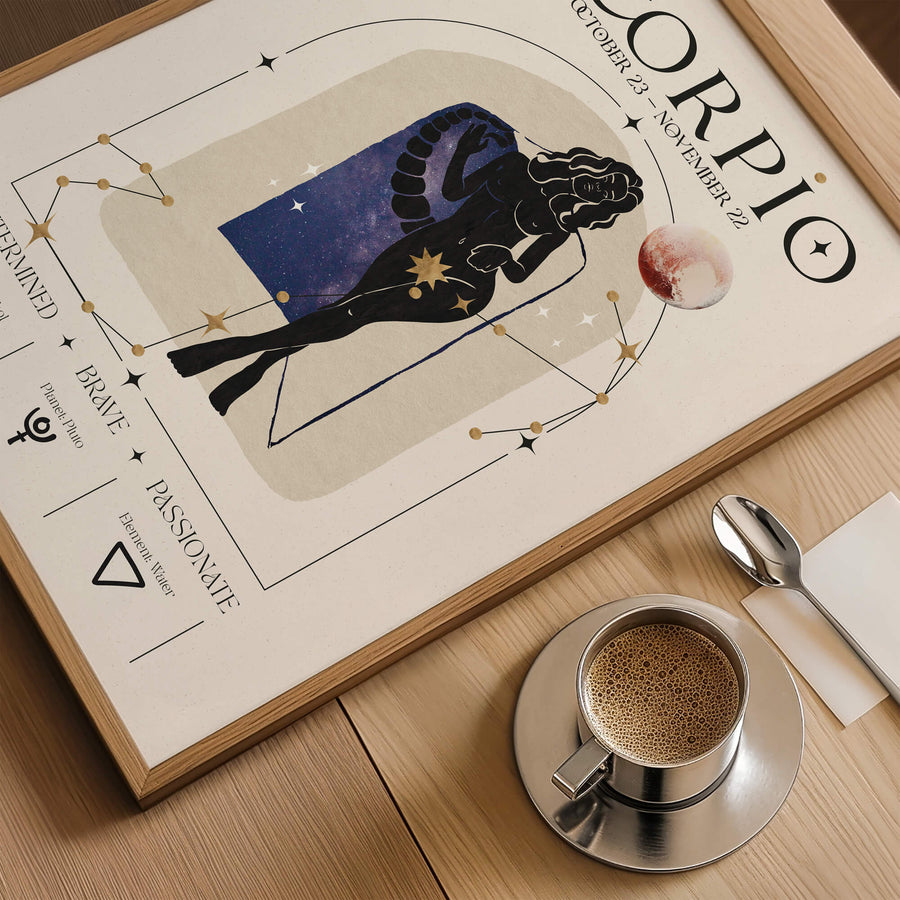 Scorpio zodiac wall art print with a mysterious celestial woman and scorpion tail silhouette under golden constellations – astrology decor by EDGE Wall Art Australia.