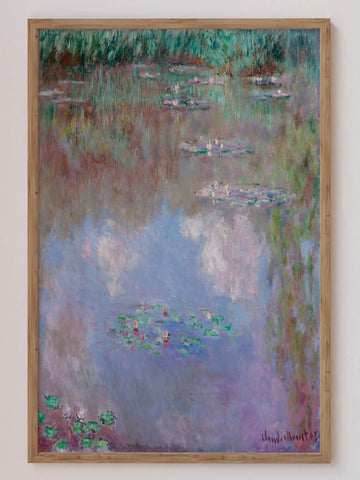 Claude Monet's water lily pond with soft reflections in pink, green and violet hues – pastel Impressionist print.