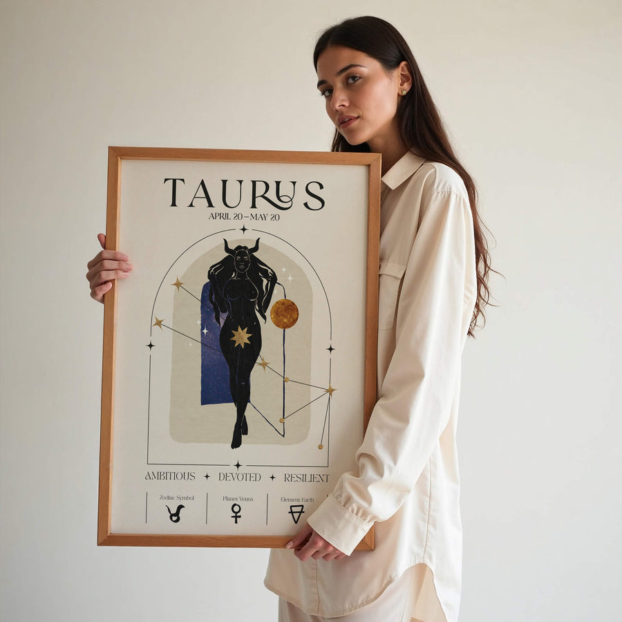 Taurus zodiac wall art print with a strong feminine figure, cosmic background, and golden horned crown – astrology decor by EDGE Wall Art Australia.