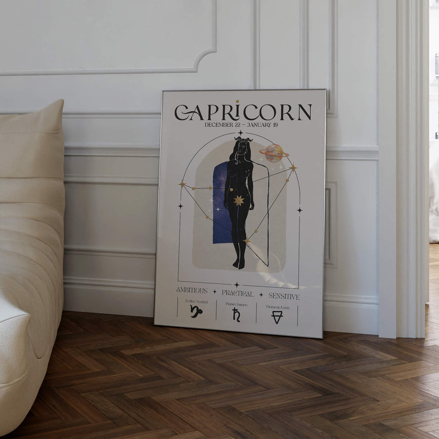 Capricorn zodiac wall art print featuring a celestial woman with a constellation overlay, cosmic elements, and Capricorn symbols. Neutral-toned, unframed astrology print.
