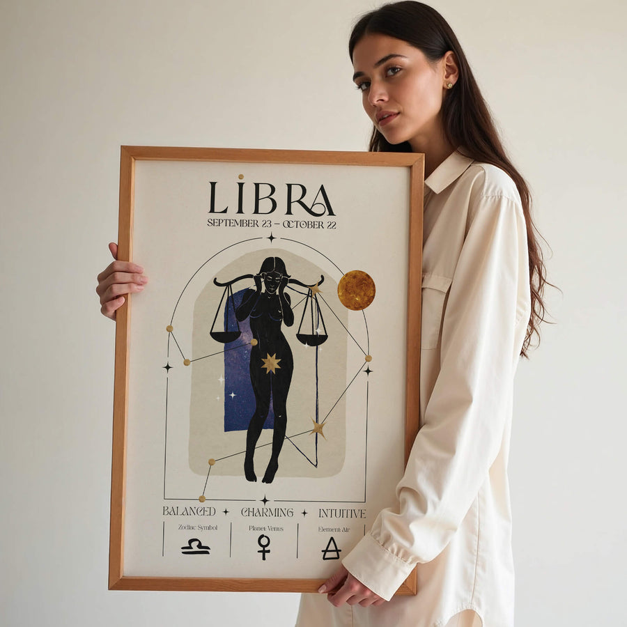 Libra zodiac wall art print featuring a celestial feminine figure holding scales, surrounded by constellations, Venus symbolism, and warm cosmic tones. Unframed astrology print.