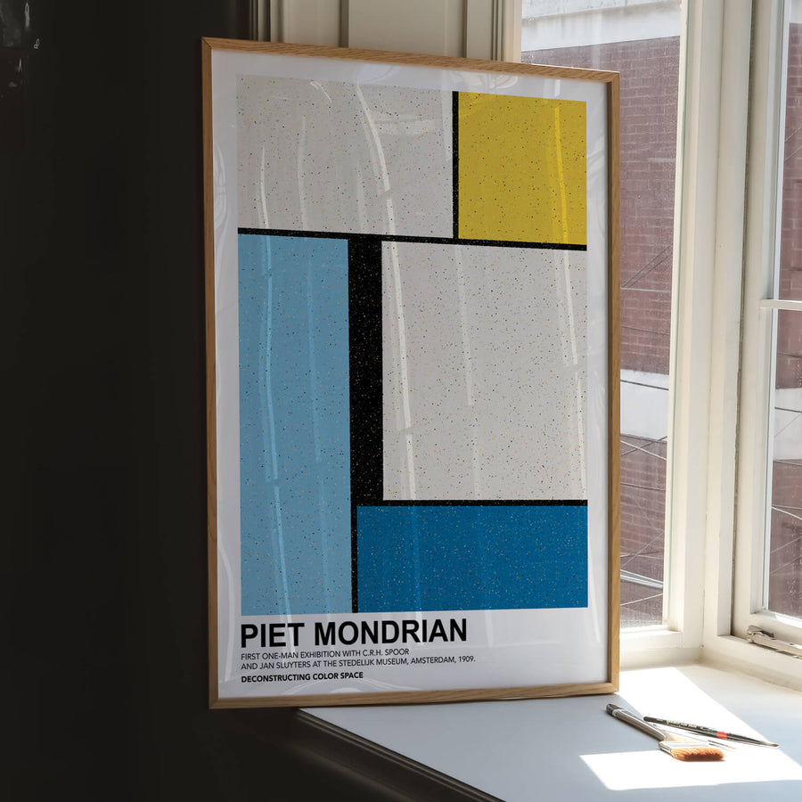 Mondrian-inspired Deconstructing Colour Space Print featuring bold geometric shapes in primary colors (red, blue, yellow) with black grid lines on a white background. A modern minimalist abstract wall art piece. Get 2PrintsFor$100 that comes with Free Shipping 🚚💫 in Australia.