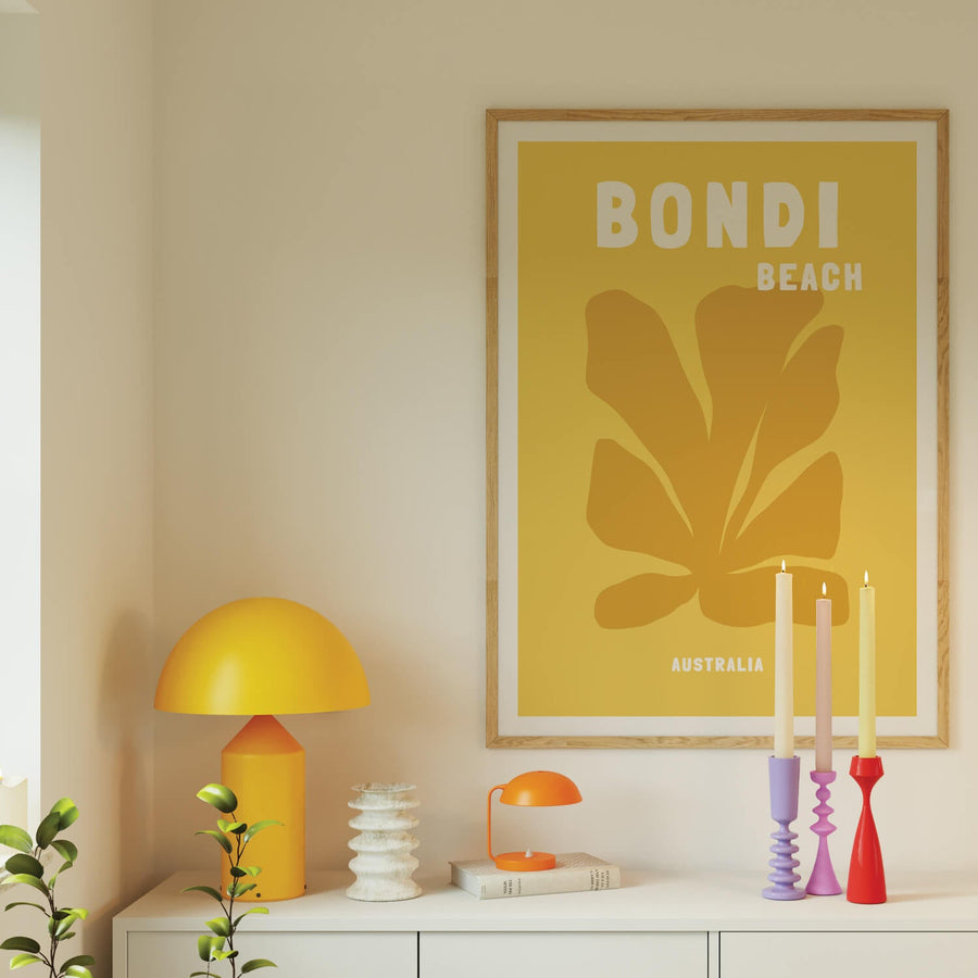 Bondi Beach travel print with modern retro tones, showcasing Australia’s iconic coastline. Perfect for coastal, contemporary, or vintage-inspired interiors.