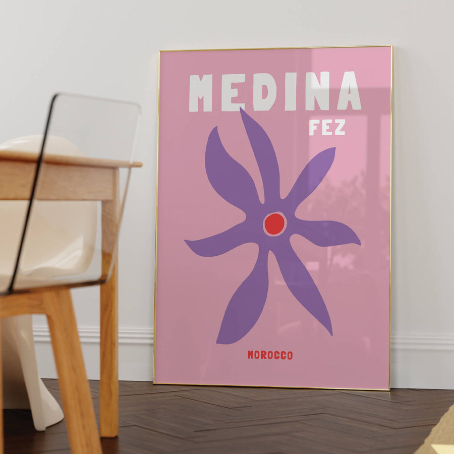 Medina Fez travel print in a sophisticated retro style, showcasing Moroccan charm with warm tones. Perfect wall art for exotic and bohemian decor themes.
