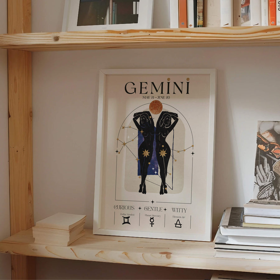 Gemini zodiac wall art print featuring celestial twin figures with constellation details, planetary elements, and symbolic icons in a modern cosmic design. Unframed astrology print.