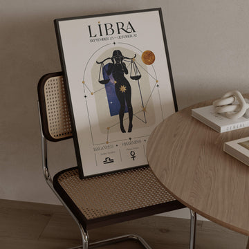 Libra zodiac wall art print featuring a celestial feminine figure holding scales, surrounded by constellations, Venus symbolism, and warm cosmic tones. Unframed astrology print.