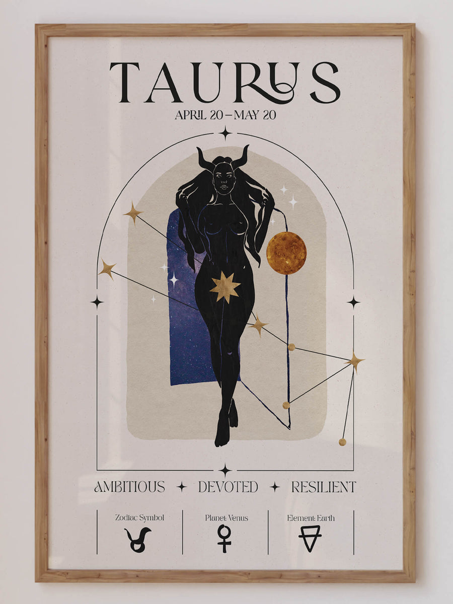 Taurus zodiac wall art print with a strong feminine figure, cosmic background, and golden horned crown – astrology decor by EDGE Wall Art Australia.