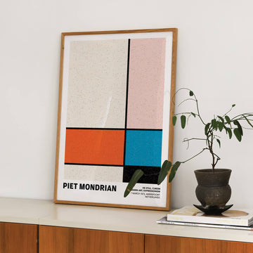 Mondrian-inspired Geometric Abstract Print featuring bold primary colors (red, blue, yellow), black grid lines, and clean geometric shapes on a white background. A modern minimalist wall art piece. Get 2PrintsFor$100 that comes with Free Shipping 🚚💫 in Australia.