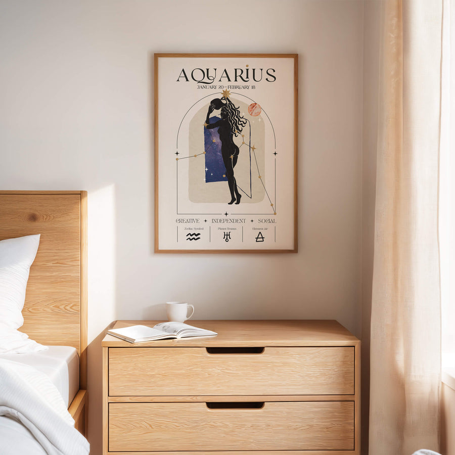 Aquarius zodiac wall art print featuring a celestial woman with constellation stars, planets, and zodiac symbols in neutral tones