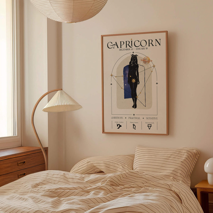 Capricorn zodiac wall art print featuring a celestial woman with a constellation overlay, cosmic elements, and Capricorn symbols. Neutral-toned, unframed astrology print.